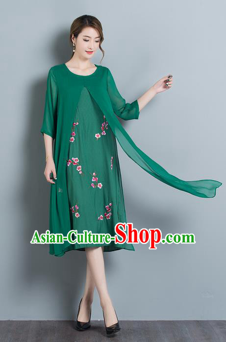 Traditional Ancient Chinese National Costume, Elegant Hanfu Mandarin Qipao Embroidered Peach Blossom Green Dress, China Tang Suit Cheongsam Upper Outer Garment Elegant Dress Clothing for Women