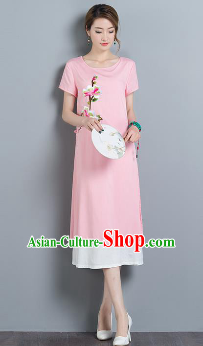 Traditional Ancient Chinese National Costume, Elegant Hanfu Qipao Embroidered Pink Dress, China Tang Suit Cheongsam Upper Outer Garment Elegant Dress Clothing for Women