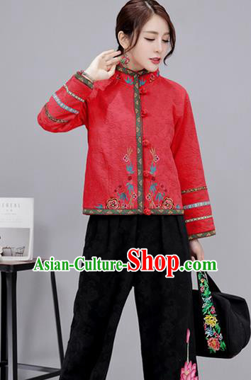 Traditional Ancient Chinese National Costume, Elegant Hanfu Stand Collar Embroidered Red Short Coat, China Tang Suit Plated Buttons Jacket, Upper Outer Garment Coat Clothing for Women