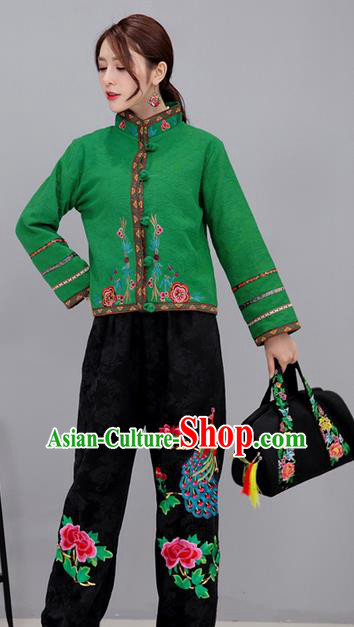 Traditional Ancient Chinese National Costume, Elegant Hanfu Stand Collar Embroidered Green Short Coat, China Tang Suit Plated Buttons Jacket, Upper Outer Garment Coat Clothing for Women