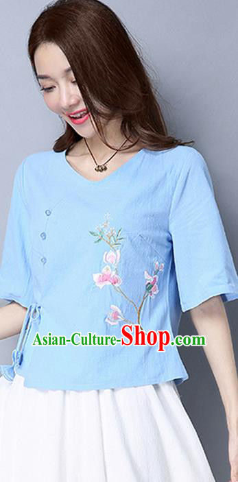 Traditional Chinese National Costume, Elegant Hanfu Embroidered Flowers Slant Opening Blue T-Shirt, China Tang Suit Republic of China Chirpaur Blouse Cheong-sam Upper Outer Garment Qipao Shirts Clothing for Women