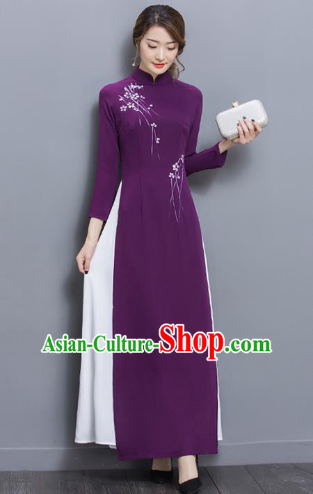 Traditional Ancient Chinese National Costume, Elegant Hanfu Mandarin Qipao Purple Ao Dai Dress, China Tang Suit Chirpaur Republic of China Cheongsam Upper Outer Garment Elegant Dress Clothing for Women
