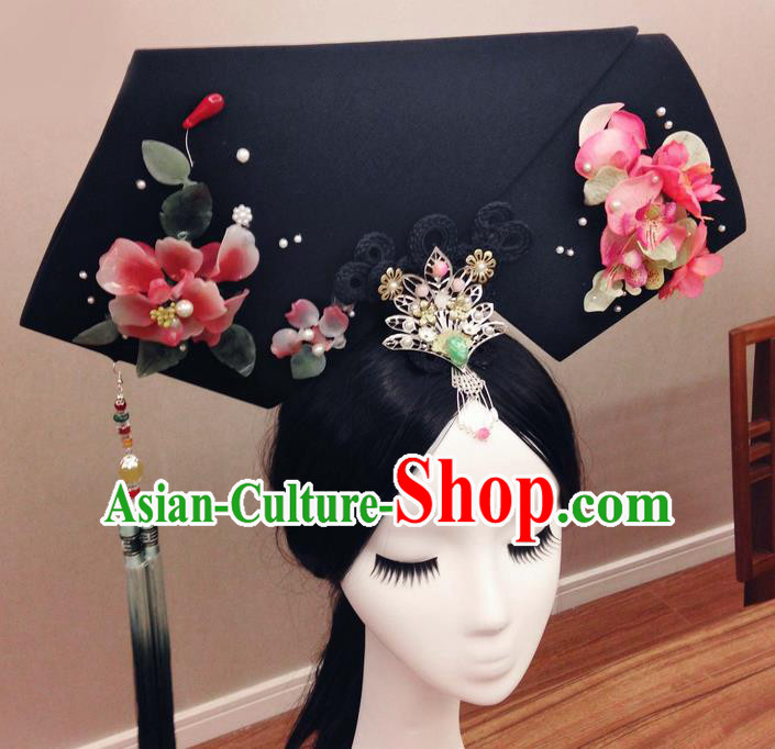 Traditional Ancient Chinese Imperial Consort Hair Jewellery Accessories, Chinese Qing Dynasty Manchu Palace Lady Wig and Pearl Headwear Zhen Huan Big La fin Headpiece, Chinese Mandarin Imperial Concubine Flag Head Hat Decoration Accessories for Women