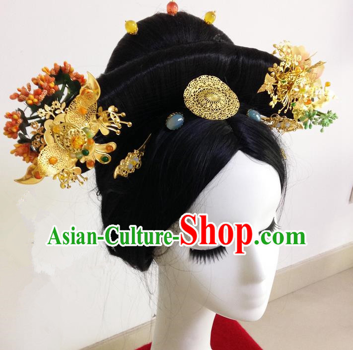 Traditional Ancient Chinese Imperial Consort Hair Jewellery Accessories, Chinese Qing Dynasty Manchu Palace Lady Headwear Zhen Huan Wig and Big La fin Headpiece, Chinese Mandarin Imperial Concubine Flag Head Hat Decoration Accessories for Women