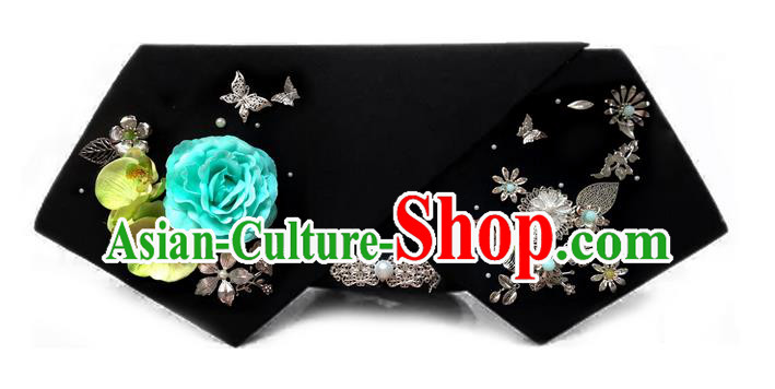Traditional Ancient Chinese Hair Jewellery Accessories, Chinese Qing Dynasty Manchu Palace Lady Headwear Zhen Huan Big La fin Blue Flowers Headpiece, Chinese Mandarin Imperial Concubine Flag Head Hat Decoration Accessories for Women