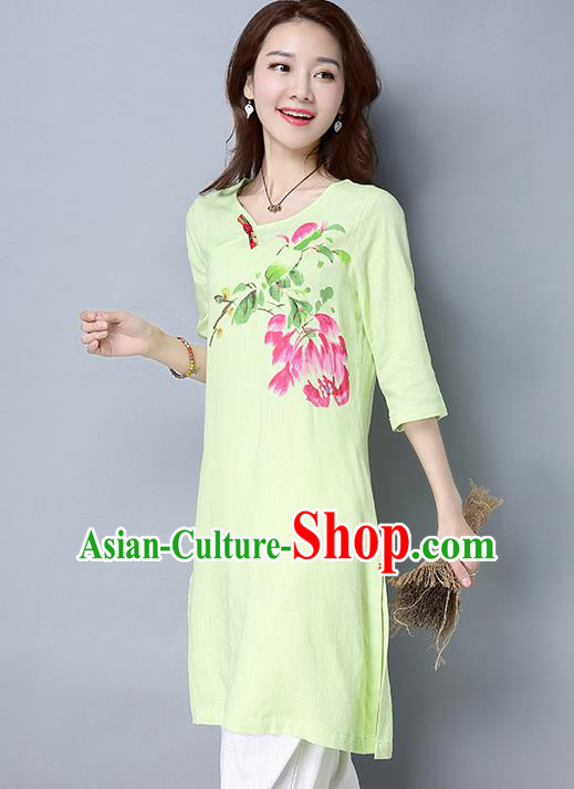 Traditional Ancient Chinese National Costume, Elegant Hanfu Mandarin Qipao Linen Hand Painting Green Dress, China Tang Suit Cheongsam Garment Elegant Dress Clothing for Women