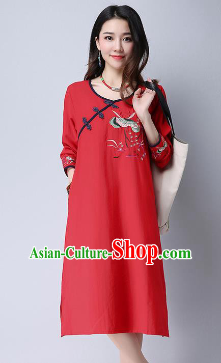 Traditional Ancient Chinese National Costume, Elegant Hanfu Embroidered Slant Opening Red Dress, China Tang Suit Plated Buttons Cheongsam Garment Elegant Dress Clothing for Women