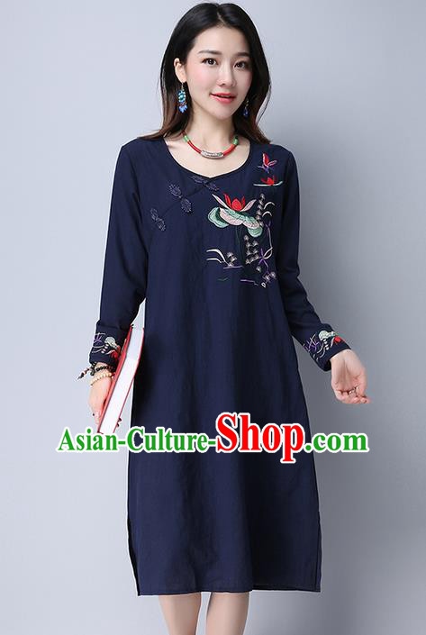 Traditional Ancient Chinese National Costume, Elegant Hanfu Embroidered Slant Opening Blue Dress, China Tang Suit Plated Buttons Cheongsam Garment Elegant Dress Clothing for Women