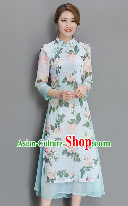 Traditional Chinese National Costume, Elegant Hanfu Mandarin Qipao Printing White Dress, China Tang Suit Stand Collar Cheongsam Upper Outer Garment Elegant Dress Clothing for Women