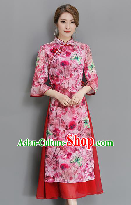 Traditional Chinese National Costume, Elegant Hanfu Mandarin Qipao Printing Red Dress, China Tang Suit Stand Collar Cheongsam Upper Outer Garment Elegant Dress Clothing for Women