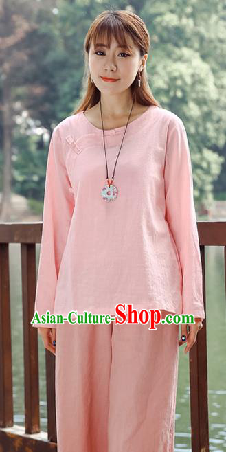 Traditional Chinese National Costume, Elegant Hanfu Linen Slant Opening Pink T-Shirt, China Tang Suit Plated Buttons Chirpaur Blouse Round Collar Cheong-sam Upper Outer Garment Qipao Shirts Clothing for Women