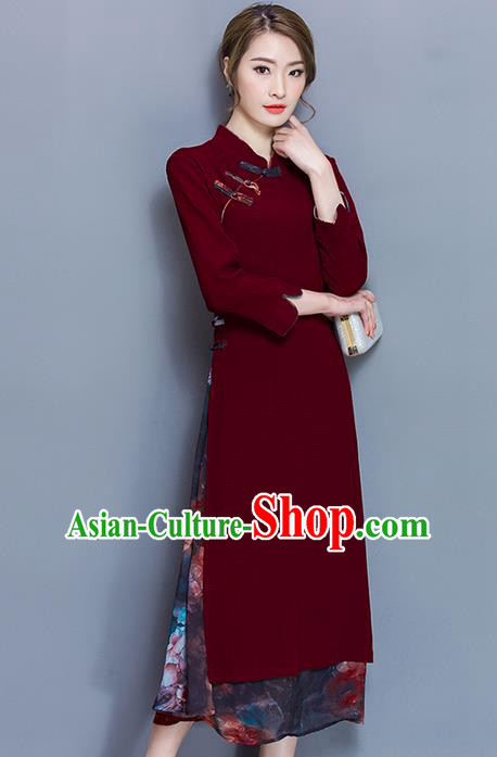 Traditional Ancient Chinese National Costume, Elegant Hanfu Mandarin Qipao Printing Red Plated Buttons Dress, China Tang Suit Stand Collar Cheongsam Upper Outer Garment Elegant Dress Clothing for Women