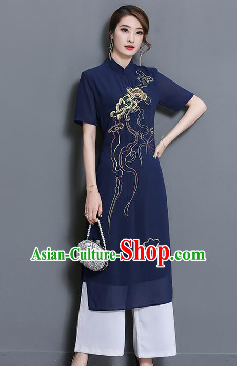 Traditional Ancient Chinese National Costume, Elegant Hanfu Mandarin Qipao Embroidered Navy Dress and White Loose Pants Complete Set, China Tang Suit Cheongsam Upper Outer Garment Elegant Dress Clothing for Women