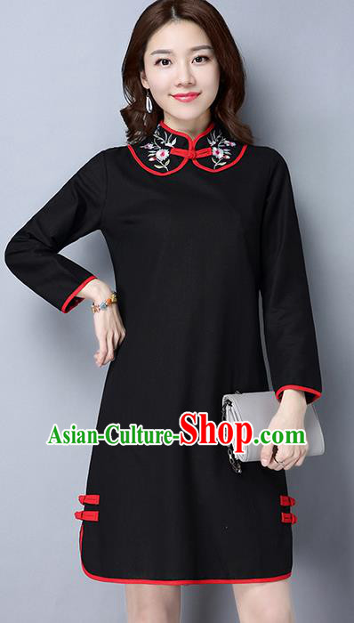 Traditional Ancient Chinese National Costume, Elegant Hanfu Mandarin Qipao Linen Stand Collar Black Dress, China Tang Suit Short Cheongsam Upper Outer Garment Elegant Dress Clothing for Women