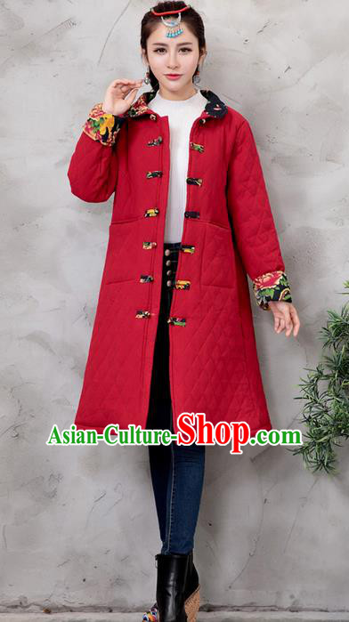 Traditional Ancient Chinese National Costume, Elegant Hanfu Turn-down Collar Red Cotton Wadded Coat, China Tang Suit Plated Buttons Cape, Upper Outer Garment Dust Coat Clothing for Women