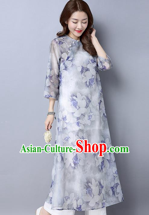 Traditional Chinese National Costume, Elegant Hanfu Mandarin Qipao Printing Slant Opening White Dress, China Tang Suit Plated Buttons Cheongsam Upper Outer Garment Elegant Dress Clothing for Women
