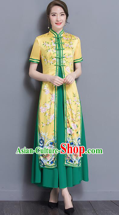 Traditional Ancient Chinese National Costume, Elegant Hanfu Silk Qipao Printing Stand Collar Two Piece Ao Dai Dress, China Tang Suit Cheongsam Garment Elegant Dress Clothing for Women
