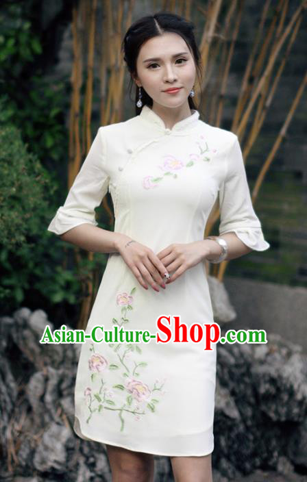 Traditional Ancient Chinese National Costume, Elegant Hanfu Linen Embroidered White Short Cheongsam Dress, China Tang Suit Upper Outer Garment Elegant Dress Clothing for Women