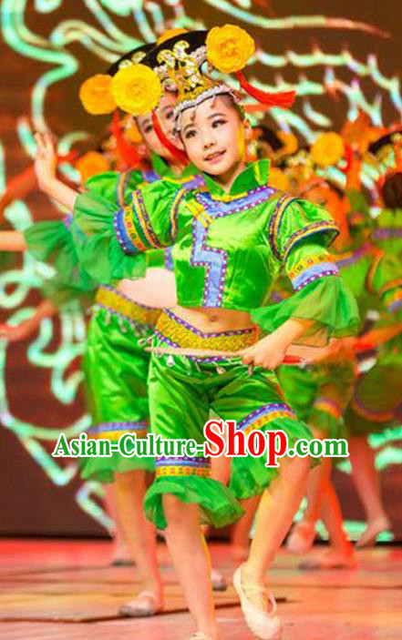 Traditional Chinese Yangge Fan Dancing Children Costume, Folk Dance Yangko Costume Lotus Dance Mandarin Sleeve Clothing for Kids