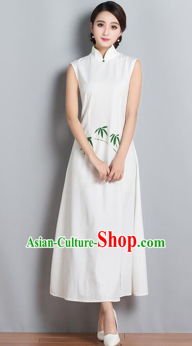 Traditional Ancient Chinese National Costume, Elegant Hanfu Mandarin Qipao Embroidered Bamboo Stand Collar Dress, China Tang Suit Chirpaur Republic of China Cheongsam Upper Outer Garment Elegant Dress Clothing for Women