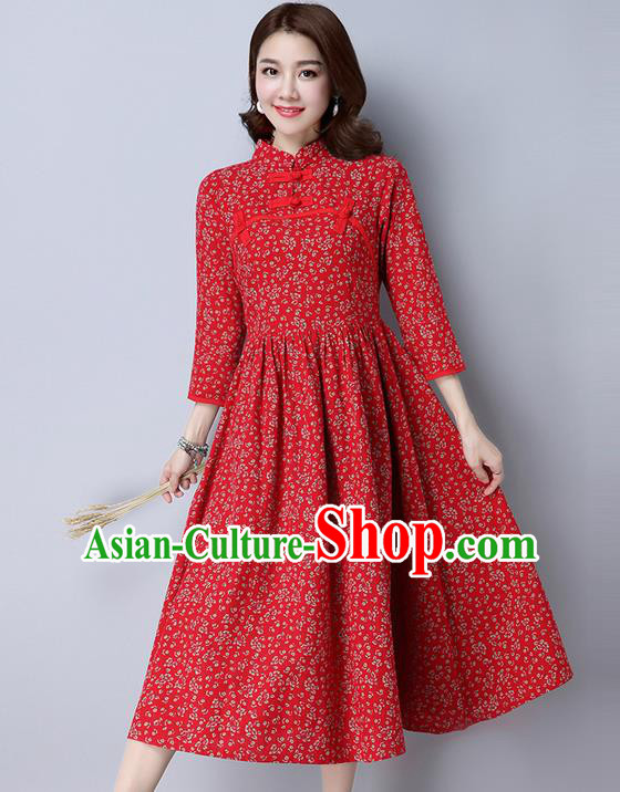 Traditional Ancient Chinese National Costume, Elegant Hanfu Floral Qipao Linen Stand Collar Red Dress, China Tang Suit Cheongsam Upper Outer Garment Elegant Dress Clothing for Women