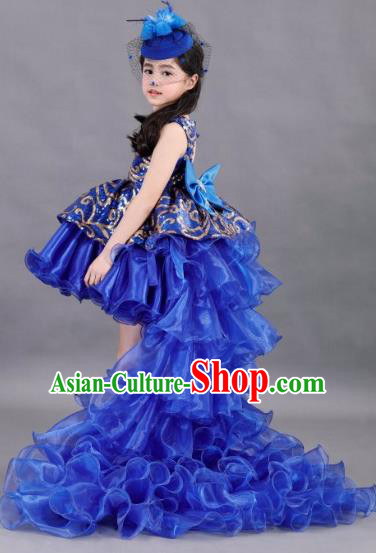 Traditional Chinese Modern Dancing Compere Costume, Children Opening Classic Chorus Singing Group Dance Paillette Uniforms, Modern Dance Classic Dance Blue Trailing Dress for Girls Kids