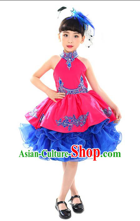 Traditional Chinese Modern Dancing Performance Costume, Children Opening Classic Chorus Singing Group Dance Uniforms, Modern Dance Classic Dance Pink Bubble Dress for Girls Kids