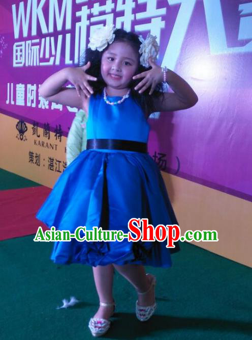 Traditional Chinese Modern Dancing Compere Performance Costume, Children Opening Classic Chorus Singing Group Dance Satin Dinner Dress, Modern Dance Classic Dance Blue Bubble Dress for Girls Kids