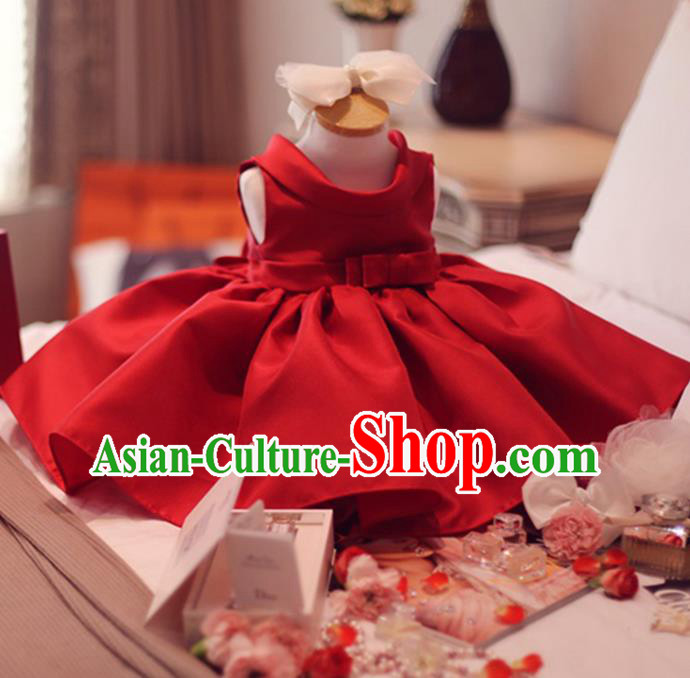 Traditional Chinese Modern Dancing Compere Performance Costume, Children Opening Classic Chorus Singing Group Dance Dinner Dress, Modern Dance Classic Dance Red Bubble Dress for Girls Kids