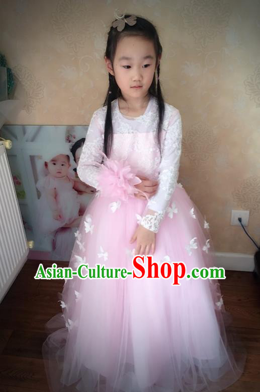 Traditional Chinese Modern Dancing Compere Performance Costume, Children Opening Classic Chorus Singing Group Dance Veil Evening Dress, Modern Dance Classic Dance Pink Trailing Dress for Girls Kids