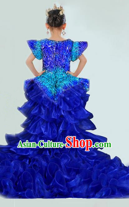 Traditional Chinese Modern Dancing Compere Performance Costume, Children Opening Classic Chorus Singing Group Dance Veil Evening Dress, Modern Dance Classic Dance Blue Trailing Dress for Girls Kids