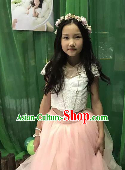 Traditional Chinese Modern Dancing Compere Performance Costume, Children Opening Classic Chorus Singing Group Dance Long Pink Veil Evening Dress, Modern Dance Classic Dance Bubble Dress for Girls Kids