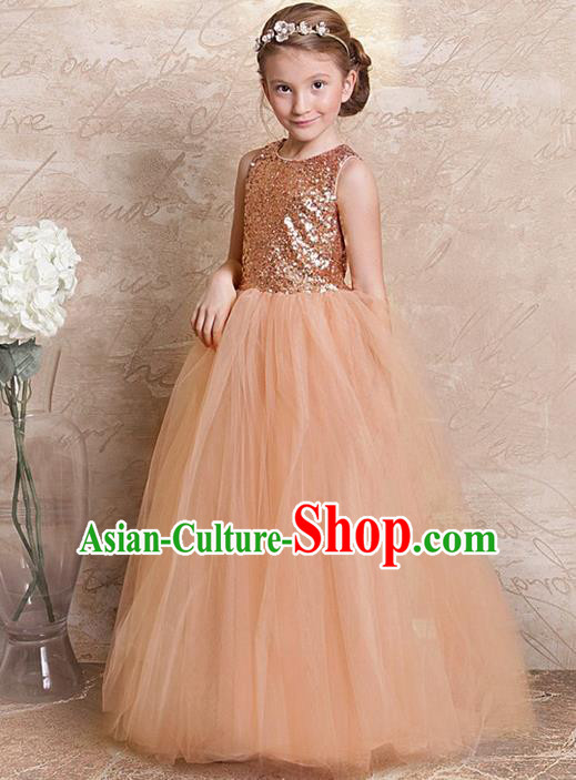 Traditional Chinese Modern Dancing Compere Performance Costume, Children Opening Classic Chorus Singing Group Dance Long Champagne Veil Evening Dress, Modern Dance Classic Dance Bubble Dress for Girls Kids