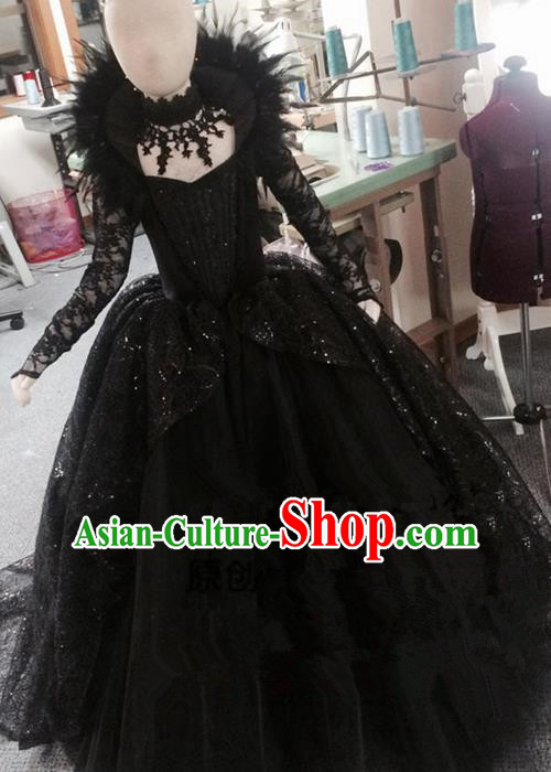 Traditional Chinese Modern Dancing Compere Performance Costume, Children Opening Classic Chorus Singing Group Dance Princess Black Trailing Full Dress, Modern Dance Halloween Party Dress for Girls Kids