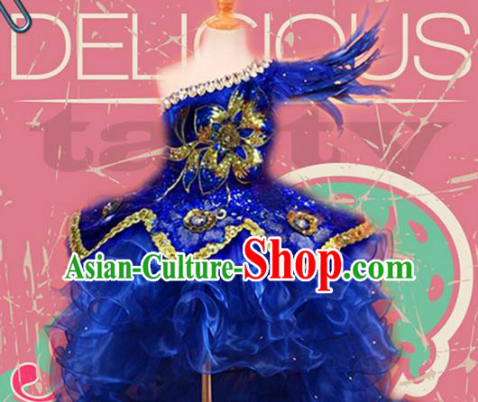 Traditional Chinese Modern Dancing Compere Performance Costume, Children Opening Classic Chorus Singing Group Dance Princess Blue Long Trailing Bubble Full Dress, Modern Dance Halloween Party Dress for Girls Kids