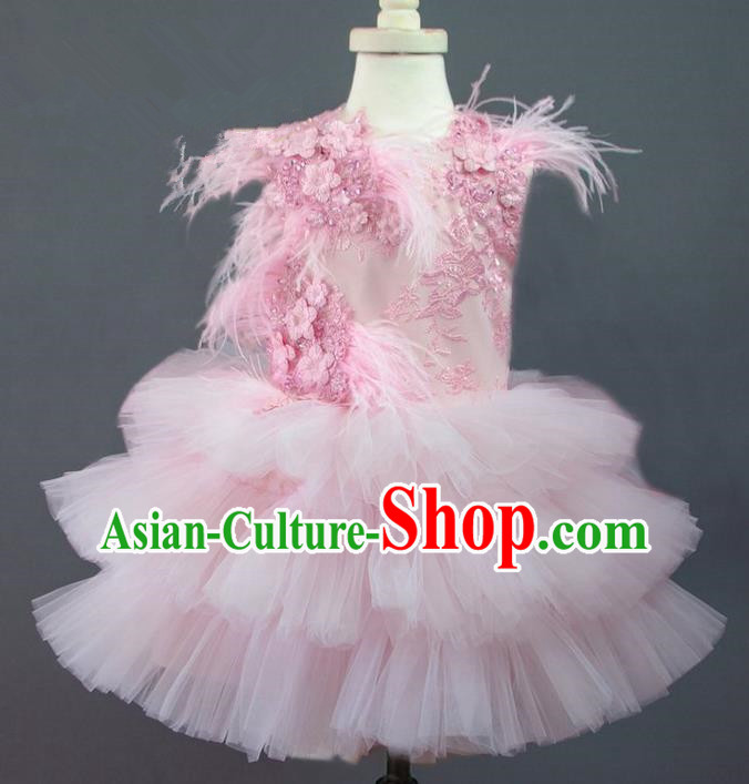 Traditional Chinese Modern Dancing Compere Performance Costume, Children Opening Classic Chorus Singing Group Dance Princess Lace Pink Full Dress, Modern Dance Halloween Party Ballet Dance Dress for Girls Kids