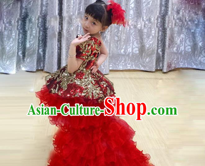Traditional Chinese Modern Dancing Compere Performance Costume, Children Opening Classic Chorus Singing Group Dance Red Paillette Princess Full Dress, Modern Dance Classic Dance Trailing Dress for Girls Kids