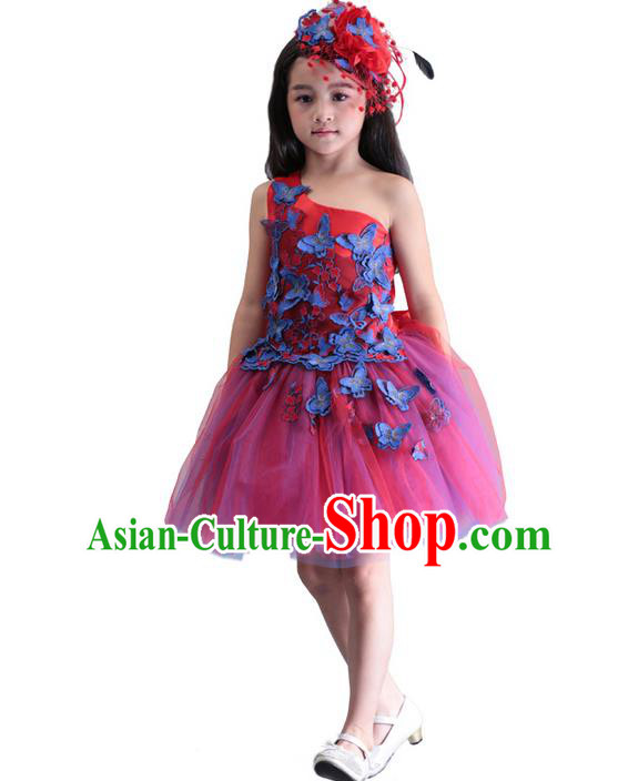 Top Grade Chinese Compere Performance Costume, Children Chorus Singing Group Embroidery Butterfly Red Full Dress Modern Dance Bubble Dress for Girls Kids