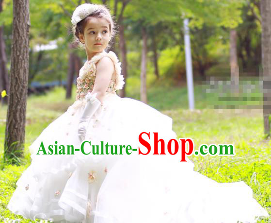 Top Grade Chinese Compere Performance Costume, Children Chorus Singing Group White Long Full Dress Modern Dance Flowers Trailing Dress for Girls Kids