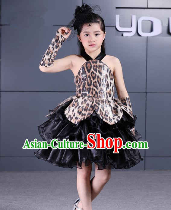 Top Grade Chinese Compere Performance Costume, Children Chorus Singing Group Black Veil Full Dress Modern Dance Leopard Bubble Short Dress for Girls Kids