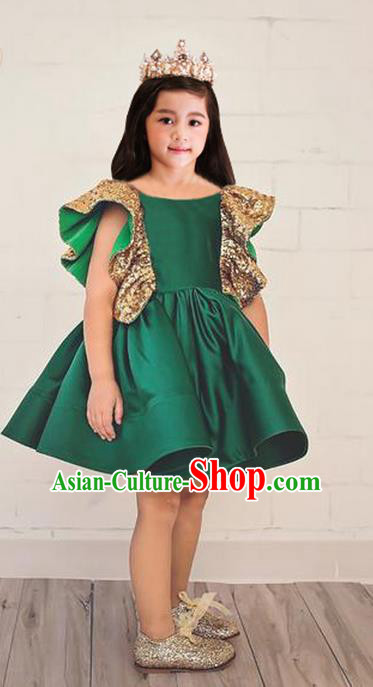 Top Grade Chinese Compere Performance Costume, Children Chorus Singing Group Baby Princess Green Full Dress Modern Dance Bubble Short Dress for Girls Kids