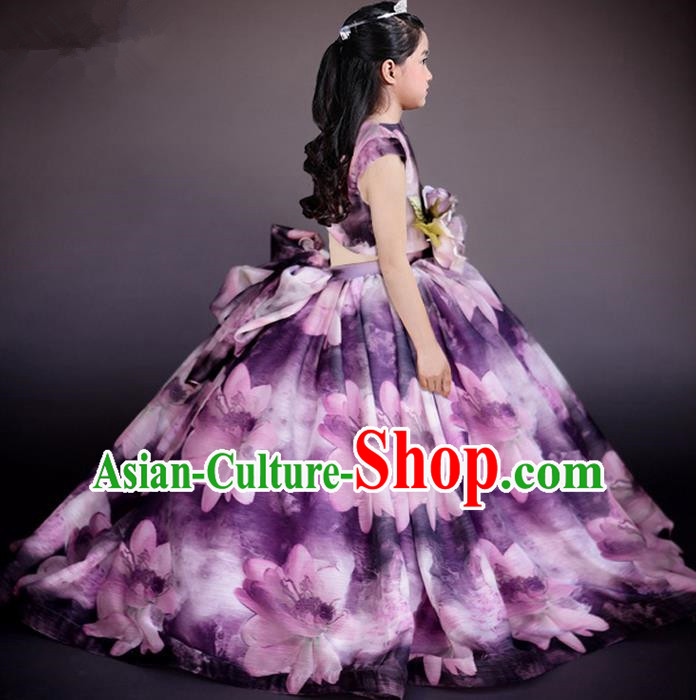 Top Grade Chinese Compere Performance Costume, Children Chorus Singing Group Baby Princess Full Dress Modern Dance Big Swing Long Flowers Dress for Girls Kids