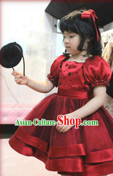 Top Grade Chinese Compere Catwalks Performance Costume, Children Chorus Singing Group Baby Princess Bubble Red Full Dress Modern Dance Dress for Girls Kids