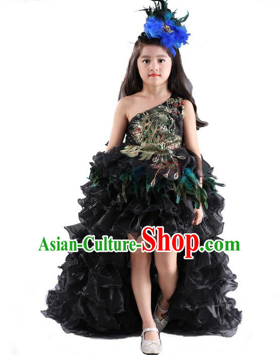 Top Grade Chinese Compere Catwalks Performance Costume, Children Chorus Singing Group Baby Princess Embroidery Feathers Full Dress Modern Dance Trailing Dress for Girls Kids