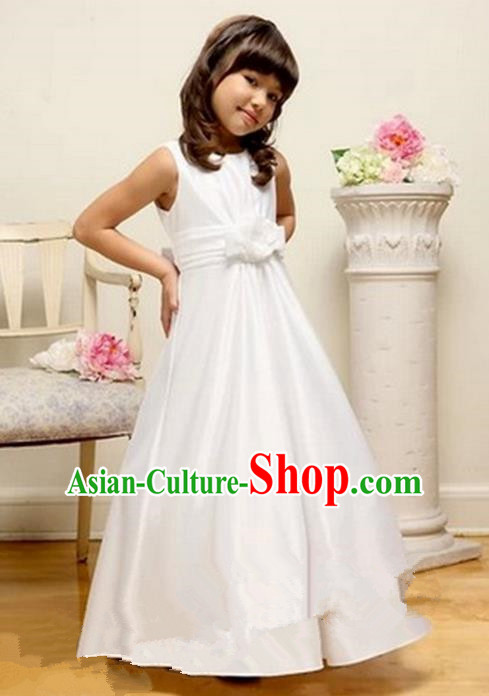 Top Grade Chinese Compere Performance Costume, Children Chorus Singing Group Baby Princess White Full Dress Modern Dance Veil Bubble Cocktail Dress for Girls Kids