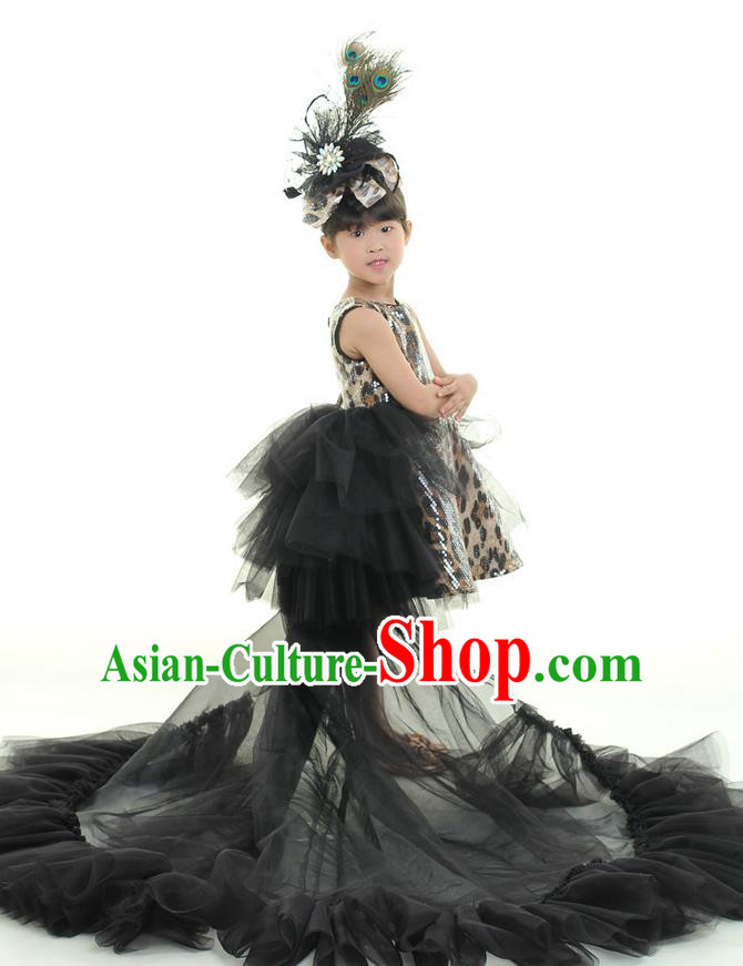 Top Grade Chinese Compere Professional Performance Costume, Children Chorus Singing Group Full Dress Modern Dance Black Leopard Trailing Dress for Girls Kids