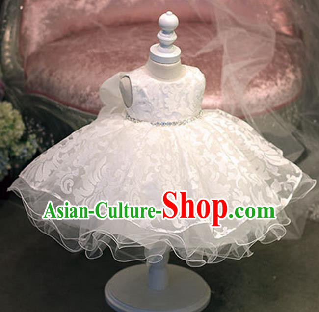 Top Grade Chinese Compere Professional Performance Catwalks Costume, Children Chorus White Bubble Formal Dress Modern Dance Baby Princess Veil Dress for Girls Kids