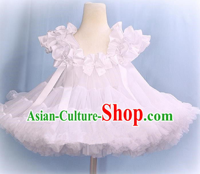 Top Grade Chinese Compere Professional Performance Catwalks Costume, Children Chorus White Bubble Formal Dress Modern Dance Baby Princess Veil Short Dress for Girls Kids