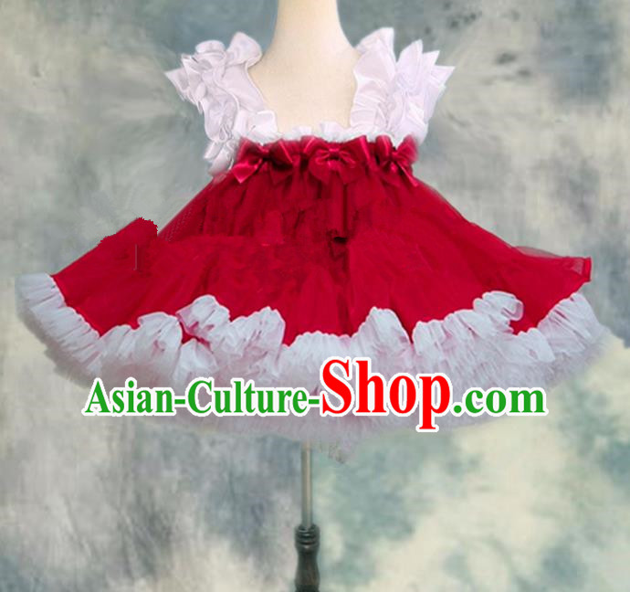 Top Grade Chinese Compere Professional Performance Catwalks Costume, Children Chorus White and Red Bubble Formal Dress Modern Dance Baby Princess Veil Short Dress for Girls Kids