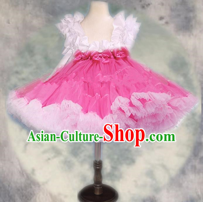 Top Grade Chinese Compere Professional Performance Catwalks Costume, Children Chorus White and Pink Bubble Formal Dress Modern Dance Baby Princess Veil Short Dress for Girls Kids